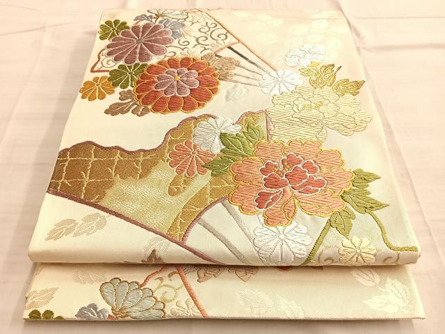 平和屋着物◎六通柄袋帯　唐織　扇面花唐草文　金銀糸　正絹　逸品　BAAO0425du