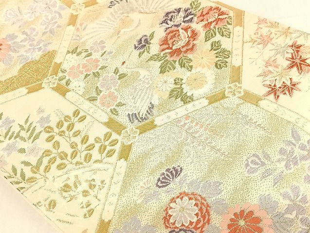 平和屋着物◎六通柄袋帯　唐織　花鶴亀甲文　金糸　正絹　逸品　AAAJ1821Bsa
