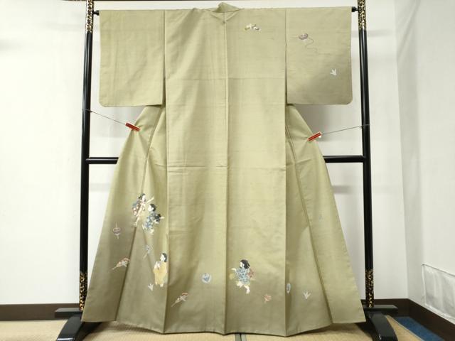 平和屋着物●訪問着　紬地　作家物　玩具　童子遊び　正絹　逸品　CABB4404yc