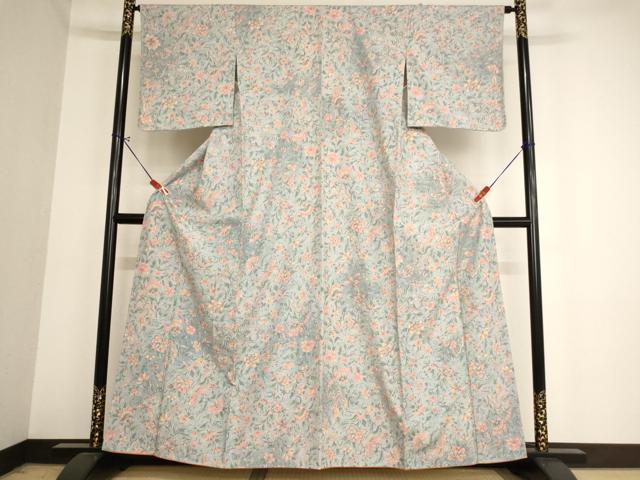 平和屋着物■上質な小紋 紬地 更紗花蝶文 暈し染め 正絹 逸品 未使用 AABA1018ja