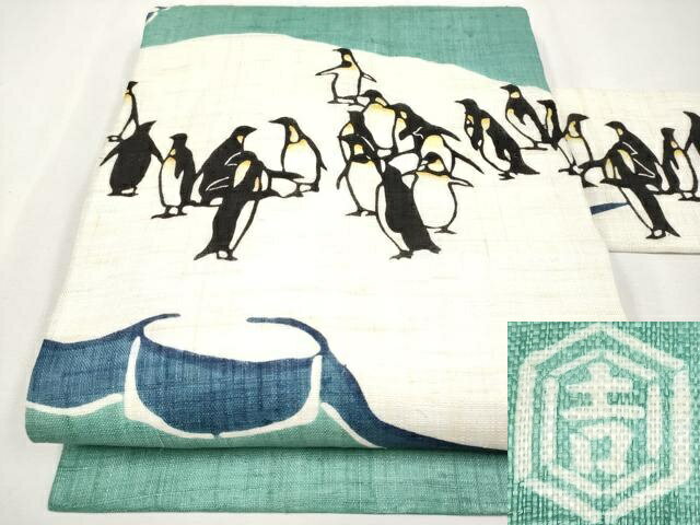 平和屋本店●極上 夏物 和染紅型 栗山紅型 栗山吉三郎 九寸名古屋帯 ペンギン 青磁色地 麻 逸品 新品 CYAA4424s6