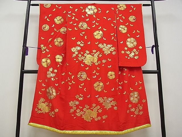 平和屋本店■希少　秋山章　打掛　七五三　7歳　十三参り　女の子　祝着　舞蝶花丸文　金銀彩　逸品　CYAA0039s4