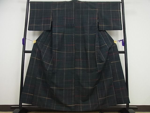 平和屋本店■極上　郡上紬　草木染　単衣　格子柄　逸品4s162のサムネイル