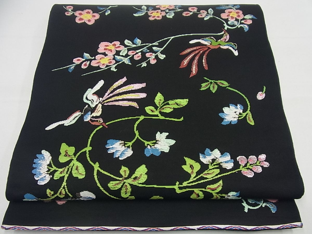 平和屋本店■最高級 龍村平蔵製 本袋帯 彦花鳥錦 黒地 逸品4s751