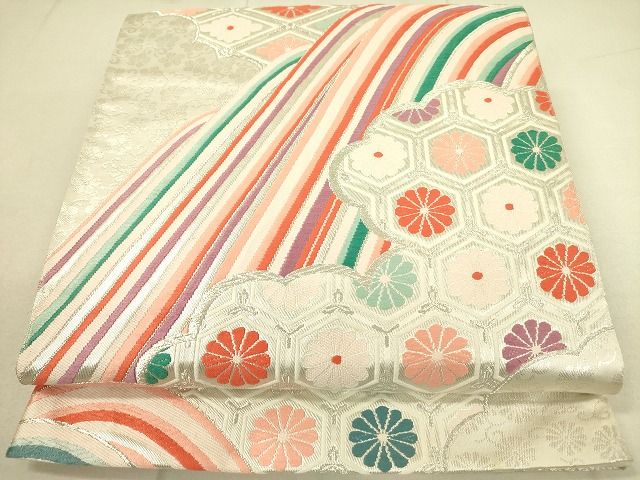 平和屋着物◎六通柄袋帯 唐織 雲取り亀甲花文 銀糸 逸品 DAAH4665yyy