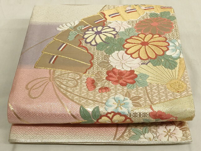 平和屋着物◎佐賀錦　六通柄袋帯　唐織　有職扇面文　金銀糸　正絹　逸品　AAAL8214Amf