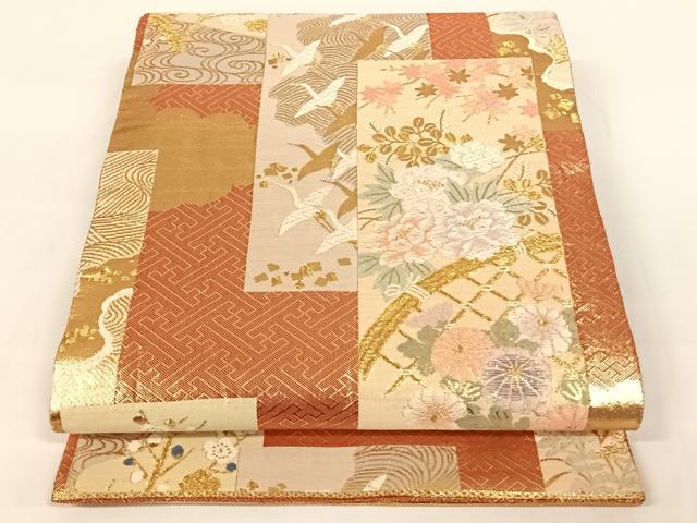 平和屋着物◎佐賀錦　六通柄袋帯　短冊花鳥文　金糸　正絹　逸品　AAAN3279wt