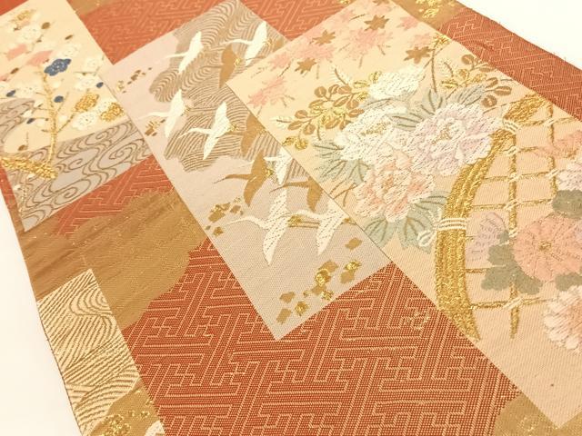 平和屋着物◎佐賀錦　六通柄袋帯　短冊花鳥文　金糸　正絹　逸品　AAAN3279wt