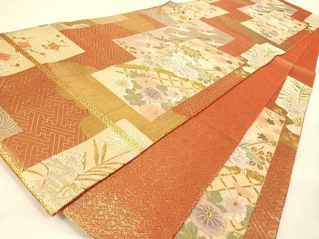 平和屋着物◎佐賀錦　六通柄袋帯　短冊花鳥文　金糸　正絹　逸品　AAAN3279wt
