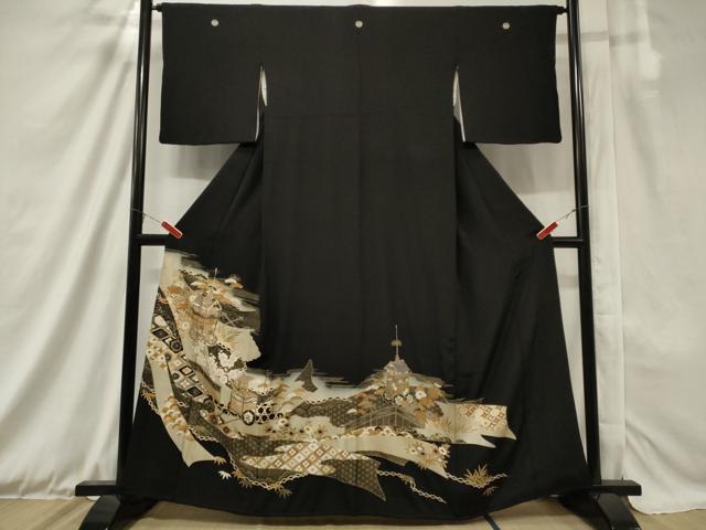 平和屋着物■豪華黒留袖 駒刺繍 風景吉祥花文 金彩 正絹 逸品 CAAX2106in