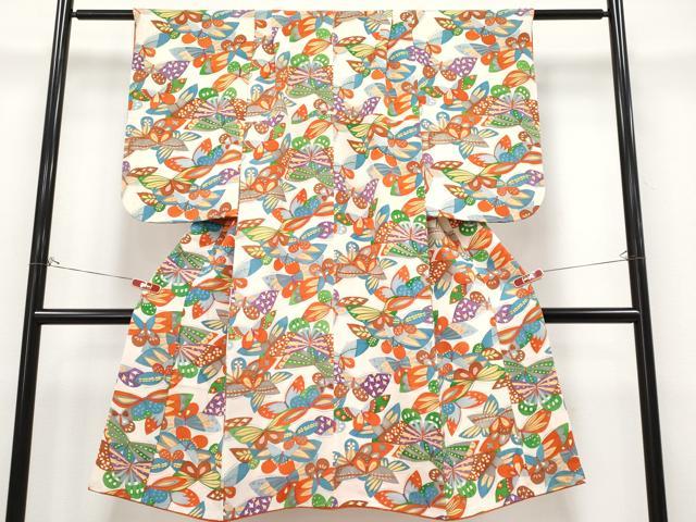 平和屋着物[]極上　七五三　女の子　7歳　祝着　型染め　舞蝶文　鬼しぼ縮緬　白地　逸品　CYAA4454s6