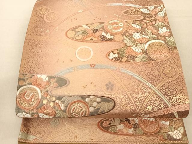 平和屋着物◎六通柄袋帯　霞取り吉祥花文　金糸　正絹　逸品　AAAL0576Bsa