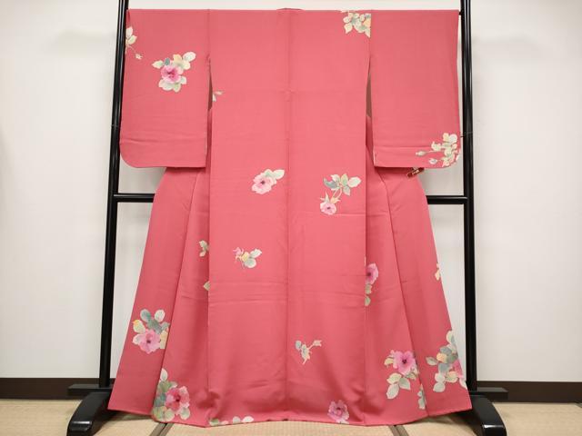 平和屋着物●極上　小紋　手描き　草花文　薔薇色地　逸品　CYAA4455s6