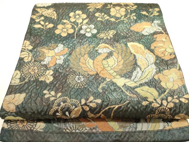 平和屋着物◎六通柄袋帯　ふくれ織　花鳥文　金糸　正絹　逸品　DABA6502op