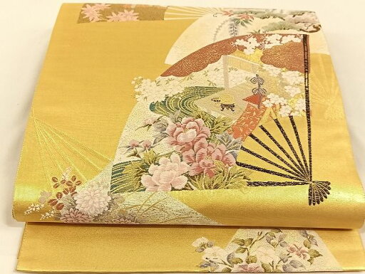 平和屋着物◎太鼓柄袋帯 唐織 風物扇面散し 金糸 正絹 逸品 AAAJ1772Bsa 平和屋着物◎太鼓柄袋帯 唐織 風物扇面散し 金糸 正絹 逸品 AAAJ1772Bsa