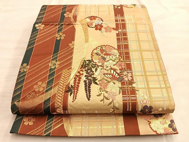平和屋着物◎六通柄袋帯　唐織　舞蝶雪輪花文　金糸　正絹　逸品　BAAO0486du