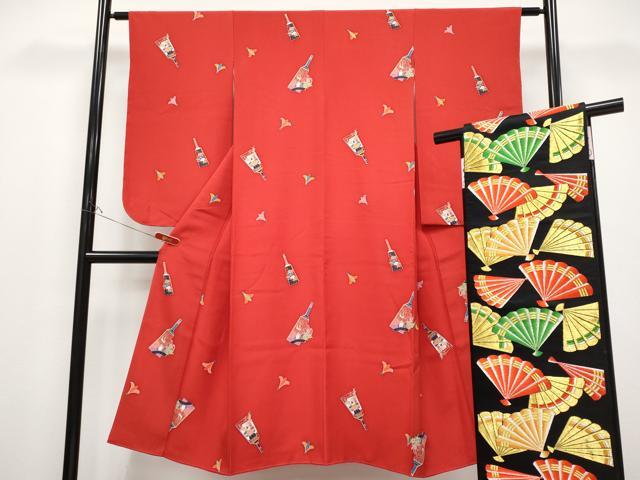 平和屋着物[]極上　七五三　女の子　7歳　祝着・袋帯セット　羽子板　茜色地　逸品　未使用　CYAA4457s6