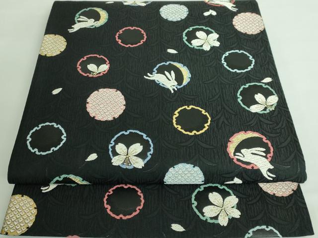 平和屋本店■極上　西陣織　天平初年創始の京の老舗　洛陽織物　六通柄袋帯　唐織　雪月花遊兎　黒地　金銀糸　逸品　DZAA6137kh5