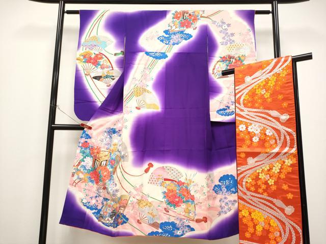 平和屋着物[]極上　七五三　女の子　7歳　祝着・袋帯セット　駒刺繍　扇面御所車花文　暈し染め　金銀..