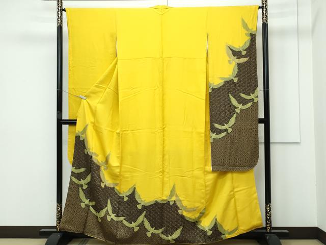 平和屋着物■極上 染色作家 斉藤三才 振袖 三才鳥 金彩 支子色地 逸品 CZAA2953s5