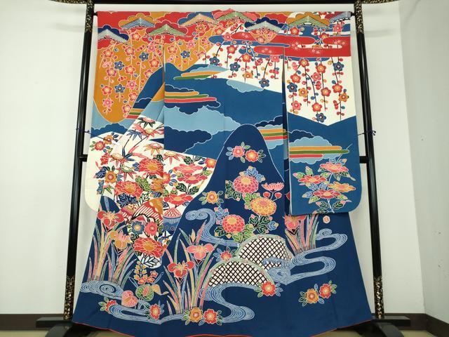 平和屋着物●和染紅型 栗山紅型 栗山吉三郎 振袖 流水風景花文 正絹 逸品 DAAX4701ps