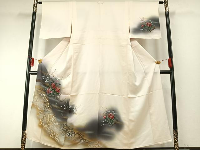 平和屋着物▽訪問着　単衣　枝花文　暈し染め　金銀彩　正絹　逸品　AABE5662fy