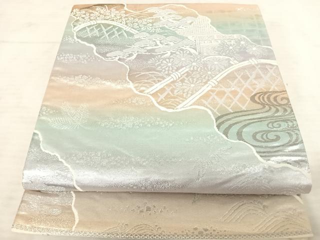 平和屋着物◎六通柄袋帯 唐織 流水花文 錦プラチナ箔 銀糸 正絹 逸品 AAAU9958yx
