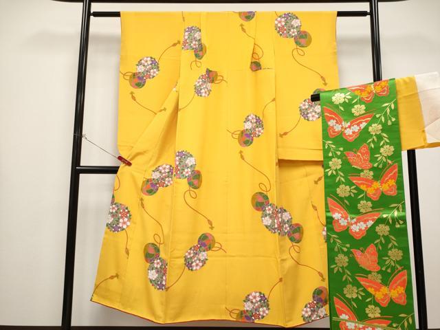 平和屋着物[]極上　七五三　女の子　7歳　祝着・袋帯セット　鞠花文　金彩　山吹色地　逸品　CYAA4461s6