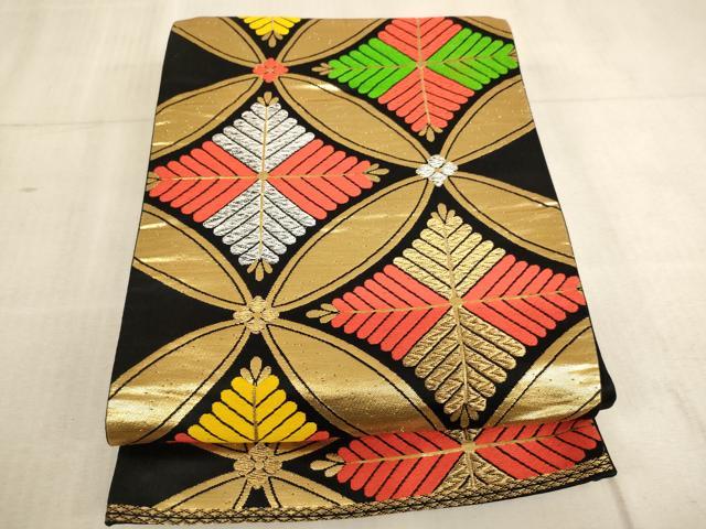 平和屋着物∵子供 全通柄袋帯 唐織 七宝松菱文 黒地 金銀糸 逸品 未使用 AABE2156ja