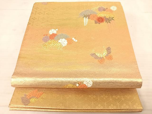 平和屋着物◎佐賀錦 六通柄袋帯 唐織 花蝶文 金糸 正絹 逸品 AAAU9967yx