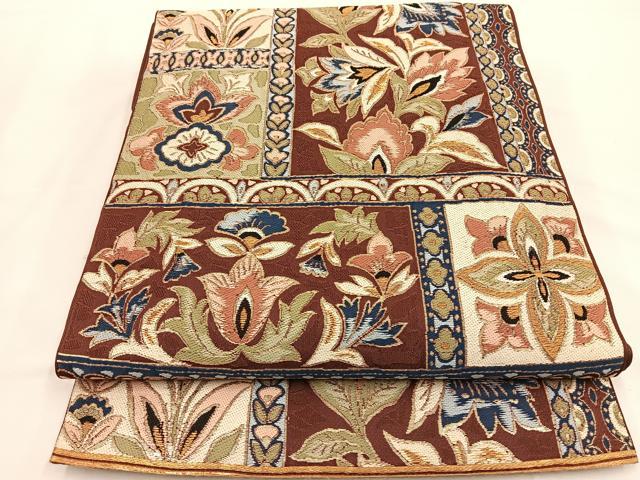 平和屋着物◎六通柄袋帯　唐織　更紗花文　金糸　正絹　逸品　BAAT7692ow