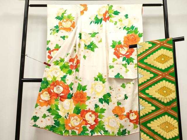 平和屋着物[]極上　七五三　女の子　7歳　祝着・袋帯セット　駒刺繍　牡丹・菊　金彩　白地　逸品　CYA..