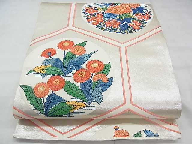 平和屋着物◎六通柄袋帯　唐織　亀甲花丸文　銀糸　逸品　BAAI5652qt