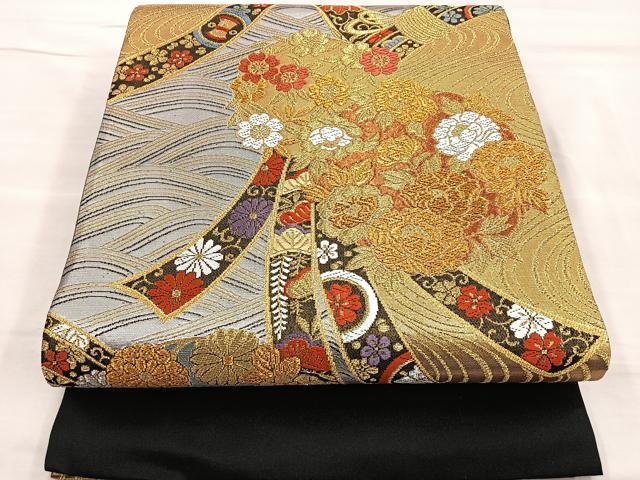 平和屋着物●六通柄袋帯　唐織　束ね熨斗花丸文　黒地　金銀糸　正絹　逸品　BAAL6470ea