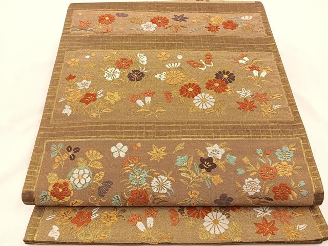 平和屋着物◎六通柄袋帯　唐織　花蝶文　金糸　正絹　逸品　BAAS9664ow