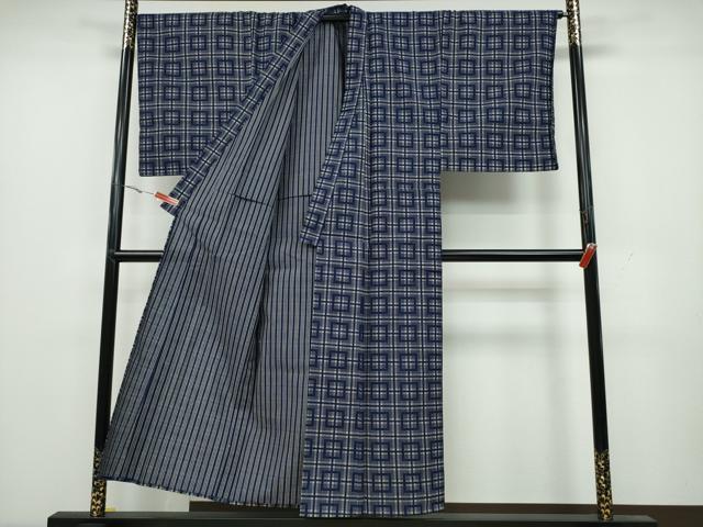 鯉口シャツ かごめプリント グレー地に紺 No.654