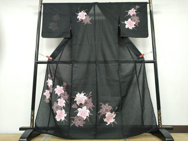 平和屋着物∴夏物　訪問着　浴衣　綿紅梅　百合　黒地　綿　逸品　CAAY4602ng