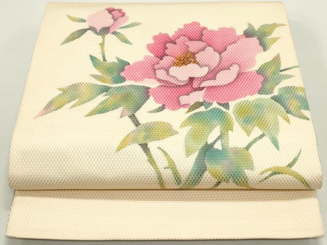 平和屋着物●太鼓柄袋帯　手描き　草花文　薄卵色　草色　正絹　逸品　DAAY0297ob