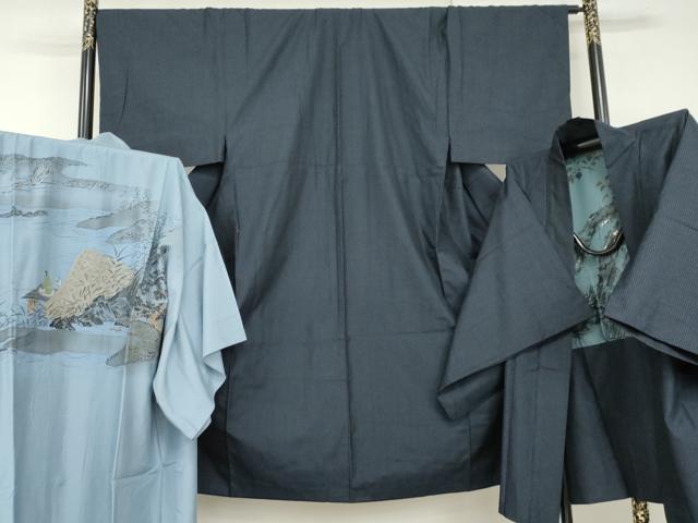 平和屋着物●男性　紬　アンサンブル・長襦袢(袷)セット　格子　羽裏：雀　正絹　逸品　AABI0010cs