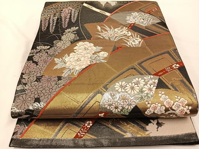 平和屋着物◎六通柄袋帯　唐織　地紙花文　黒地　金銀糸　正絹　逸品　BAAS9680ow