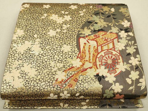 平和屋着物◎佐賀錦 六通柄袋帯 枝垂れ花文 黒地 金糸 正絹 逸品 CAAU1435ft 平和屋着物◎佐賀錦 六通柄袋帯 枝垂れ花文 黒地 金糸 正絹 逸品 CAAU1435ft