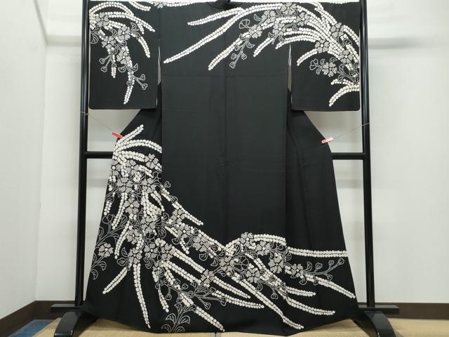 平和屋着物●訪問着　絞り　草花文　黒地　正絹　逸品　CAAY3040vf