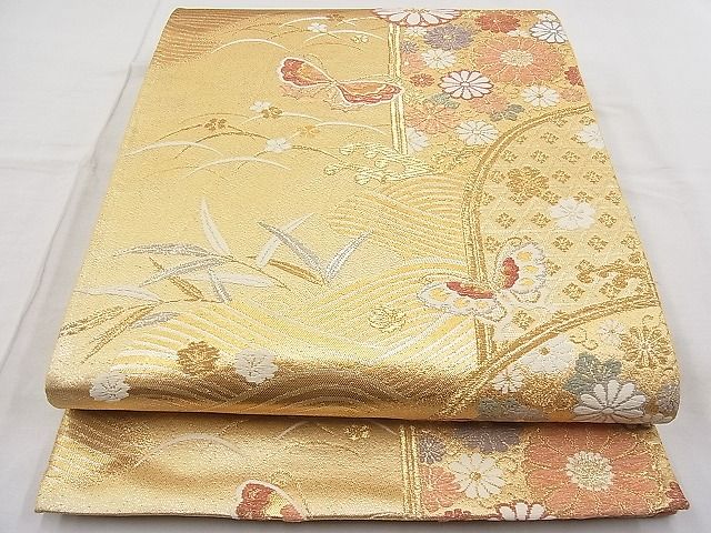 平和屋着物◎六通柄袋帯 唐織 舞蝶流水草花文 金銀糸 逸品 BAAI1288sa