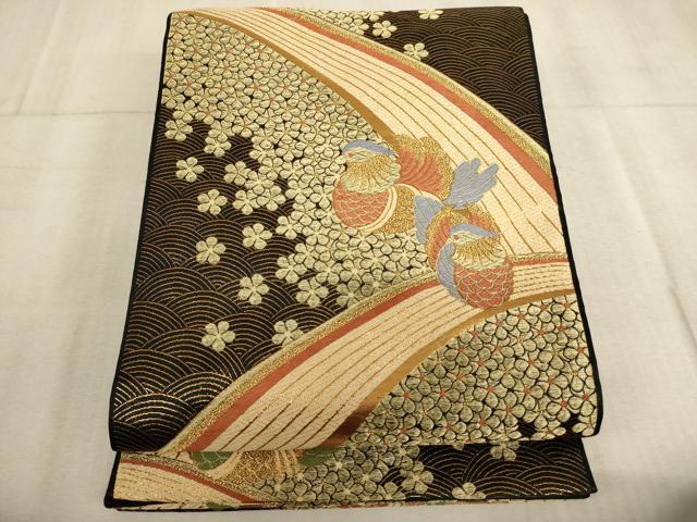 平和屋着物∵子供 全通柄袋帯 唐織 鴛鴦花文 黒地 金糸 逸品 AABE2158ja
