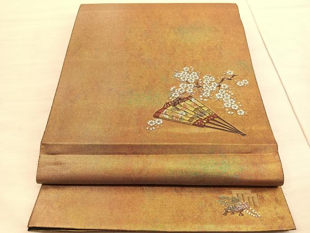 平和屋着物◎太鼓柄袋帯　唐織　扇面花文　金糸　引箔　正絹　逸品　未使用　BAAV3323hv