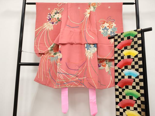 平和屋着物[]極上　アンティーク　大正ロマン　七五三　女の子　7歳　祝着・袋帯セット　薬玉花文　銀..