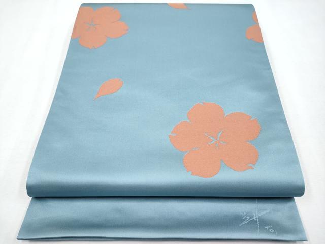 平和屋着物●極上 世界的人形師 辻村寿三郎 ジュサブロー 六通柄袋帯 舞桜文 秘色色地 逸品 未使用 CYAA4609s6