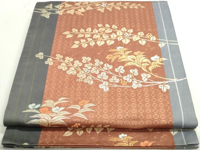 平和屋着物◎両面　六通柄袋帯　唐織　南天花間道　金糸　正絹　逸品　DAAY4692qa