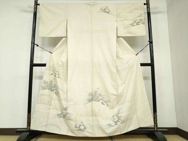 Rakuten - 平和屋着物●訪問着　紬地　手描き　草花文　正絹　逸品　DAAY5675ud