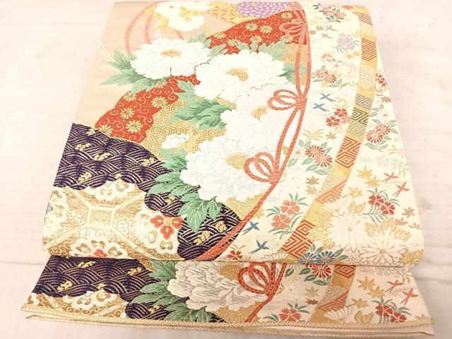 平和屋着物◎六通柄袋帯　唐織　几帳扇面小袖文　金銀糸　正絹　逸品　AAAY2075yx